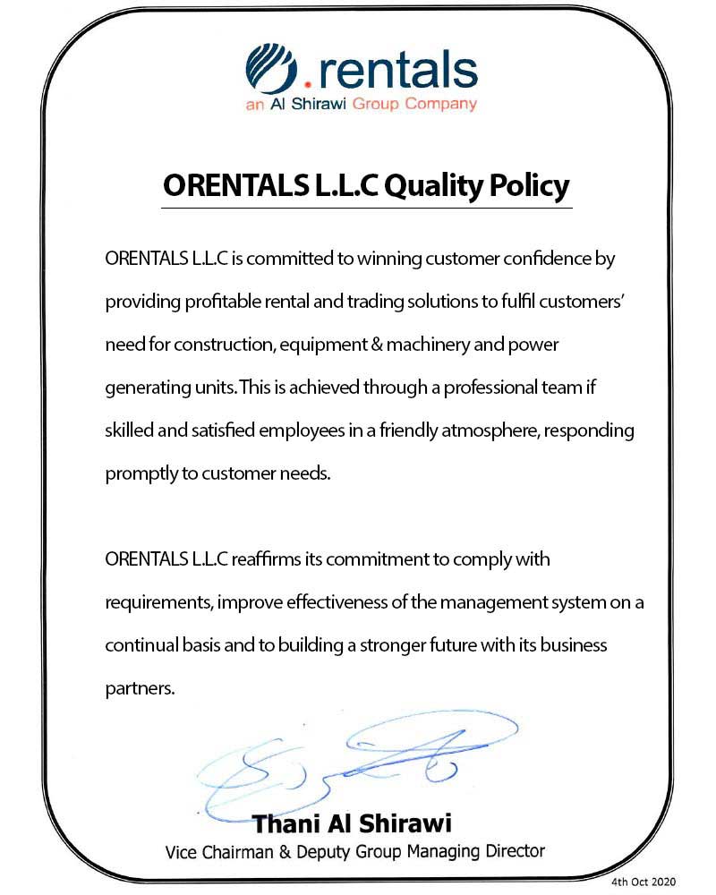 Quality  HSE Policy – O.rentals | Total Hiring Solutions